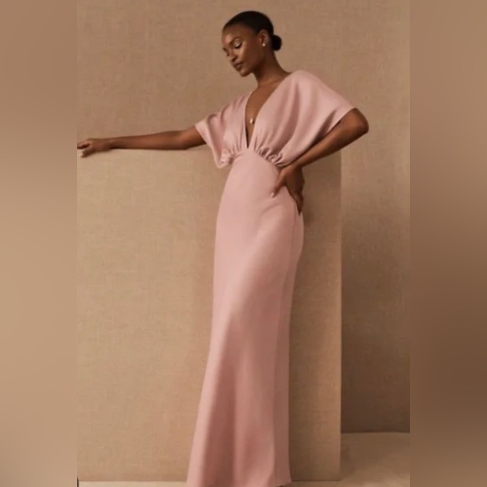 BHLDN Leila Deep-V Flutter-Sleeve Satin A-Line Gown - Blush